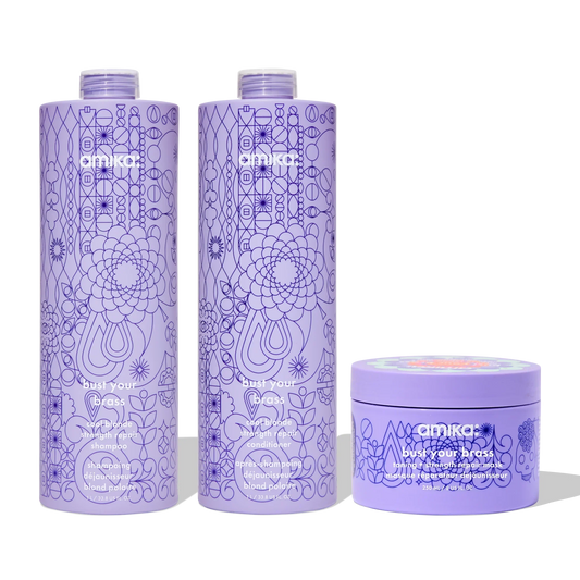 super-sized blonde set bust your brass cool blonde shampoo + conditioner + intense repair hair mask